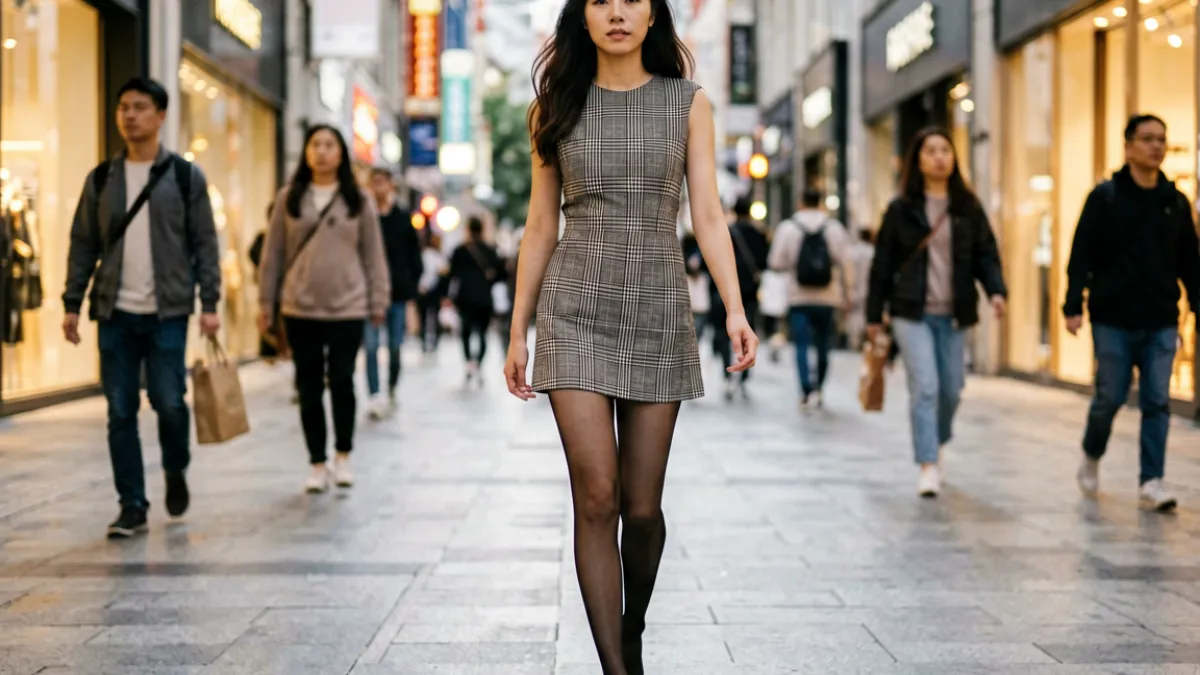 黑丝在线观看街拍风格画面，城市街道背景下女性行走全身镜头，黑色丝袜搭配短裙造型